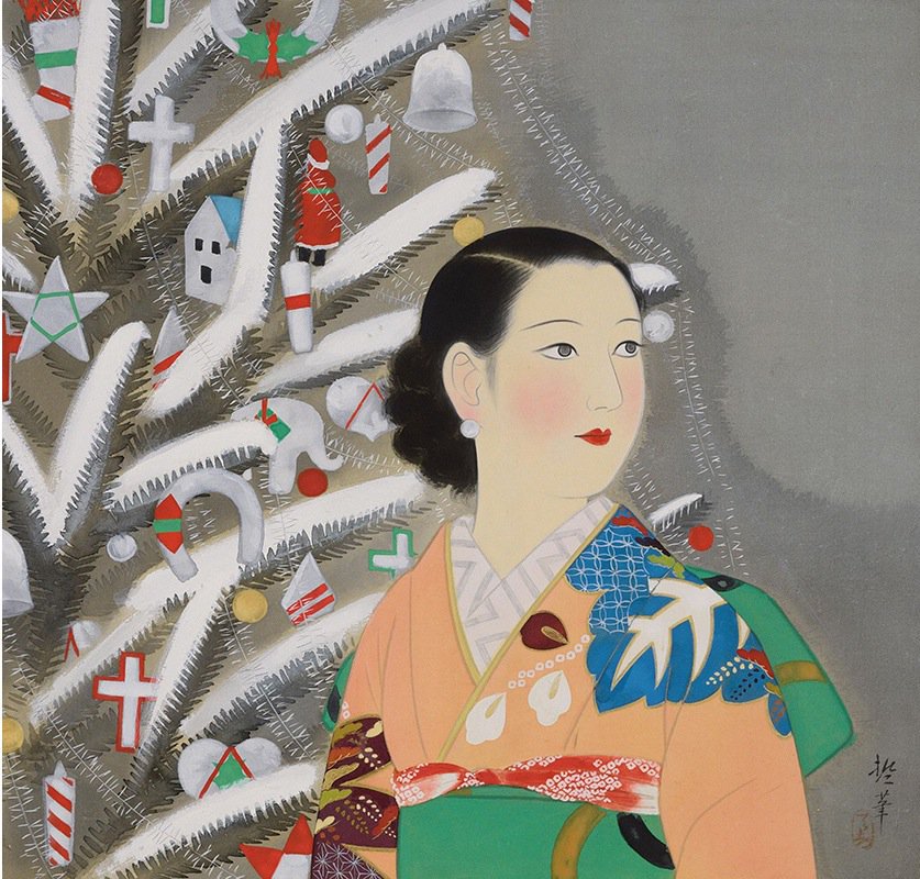 a rebel in prada, michelle crosland, fashion blog, atlanta fashion blog, museum of art boston, mfa boston, katsuda tetsu, woman standing next to christmas tree, new women for a new age, japanese beauties, japanese art